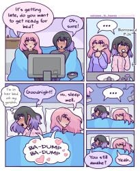 2girls bed bedroom black_hair black_nails blanket blush dark-skinned_female female/female female_only heartbeat light-skinned_female lying_on_bed lying_on_side multiple_girls pajamas pillow pink_eyes pink_hair purple_eyes purple_hair purple_highlights two_tone_hair welcome_to_heaven yuri