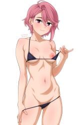 audirenze bare_arms bare_belly bare_legs bare_shoulders bare_thighs belly_button bikini bikini_pull black_bikini blush body_blush breasts closed_mouth collarbone dandadan medium_breasts medium_hair micro_bikini nipples pink_eyes pink_hair shiratori_aira_(dandadan) sideboob smile thighs underboob