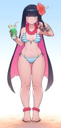 1girls 2023 beach bikini black_nails blue_eyes bracelets breasts cheshirrr drink flower_in_hair hibiscus lemon long_hair looking_at_viewer panty_&_stocking_with_garterbelt pink_hair purple_hair solo stocking_anarchy straw