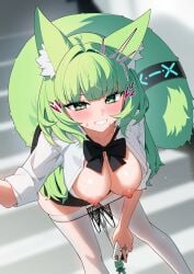 1boy 1girls 2024 animal_ear_fluff animal_ears arknights blush bowtie breasts breasts_out cat_ears cat_tail ett fluffy fluffy_tail green_eyes green_hair harmonie_(arknights) hi_res kemonomimi long_hair looking_at_viewer medium_breasts no_bra no_panties panties_down pantyhose pantyhose_down school_uniform schoolgirl sweat vaginal_penetration vaginal_sex