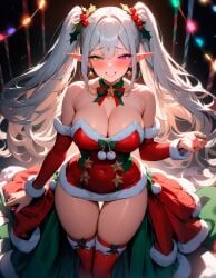 1girls adorable ai_generated bare_shoulders big_breasts breasts christmas christmas_outfit cleavage cozy curvy curvy_body curvy_female curvy_figure curvy_hips cute elf elf_ears from_above glossy_lips green_eyes heterochromia lipstick long_hair looking_at_viewer lux_(starlightnex) maid mature_female original original_character pink_eyes playful princess rainbow_nails slim_waist starlightnex stockings thick_hips thick_legs thick_thighs twintails white_hair wholesome wide_hips