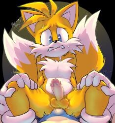 anal anthro balls bite biting_lip blue_body blue_eyes bodily_fluids canid canine clothing duo erection eulipotyphlan footwear fox genitals gloves handwear hedgehog hi_res male male/male mammal martyjade23 penis sega shoes sonic_the_hedgehog sonic_the_hedgehog_(series) sweat tails yellow_body