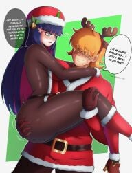 1boy1girl big_ass blue_hair briefs christmas_outfit green_eyes orange_hair panty_&_stocking_with_garterbelt stocking_anarchy text white_skin yultarinn