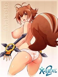 animal_ears antenna_hair ass back blazblue blush breasts brown_hair cropped_legs female fingerless_gloves gloves large_breasts looking_at_viewer makoto_nanaya multicolored_hair navel open_mouth panties short_hair sideboob skirt solo squirrel_ears squirrel_tail tail tonfa two_tone_hair underwear weapon white_hair white_panties x-teal