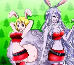 ahoge belt big_breasts black_eyes bob_cut brown_eyes bunny_girl carrot_(one_piece) christmas dual_persona female female_only gray_hair huge_breasts long_hair navel one_piece purple_hair rabbit rabbit_ears rabbit_girl rabbit_humanoid rabbit_tail red_skin samanta95 santa_costume smile sulong thighs yellow_hair