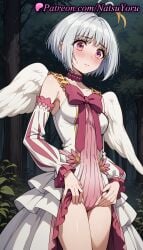 1girls ahoge ai_generated angel_wings anime anime_style antenna_hair asian bangs bare_shoulders blush bow breasts bust busty cameltoe choker closed_mouth clothing collarbone cowboy_shot detached_sleeves dress feathered_wings female female_focus female_only fitoria forest frills grey_hair leotard lips long_sleeves looking_at_viewer medium_breasts natsuyoru nature night outdoors pink_bow pink_choker pink_eyes pink_leotard puffy_sleeves short_hair showgirl_skirt small_breasts solo solo_female standing sweatdrop tate_no_yuusha_no_nariagari the_rising_of_the_shield_hero thighs tree voluptuous voluptuous_female white_dress white_hair white_leotard white_sleeves white_wings wings