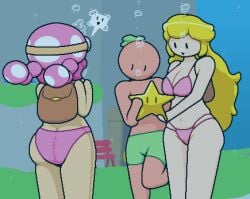 ass backpack big_ass big_thighs blonde_hair bubble bubbles mario_(series) okami_tomato pink_bikini power_star princess_peach star super_mario_3d_land toadette tomato_(okami_tomato) underwater