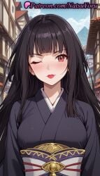 1girls ai_generated anime anime_style asian bangs black_hair black_kimono blunt_bangs blush breasts building bust busty closed_mouth day female female_focus female_only female_solo glass_(tate_no_yuusha_no_nariagari) hentai hime_cut japanese_clothes kimono lips lipstick long_hair looking_at_viewer makeup medium_breasts natsuyoru obi obijime one_eye_closed outdoors red_eyes red_lips sash sky smile solo solo_female tate_no_yuusha_no_nariagari the_rising_of_the_shield_hero upper_body voluptuous voluptuous_female wafuku