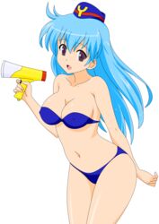 aqua_hair bikini breasts female female hat highres legs long_hair photoshop purple_eyes smile solo stewardess swimsuit tenjouin_katsura thighs vector_trace yat_anshin_uchuu_ryokou