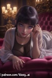 ai_generated alternate_version_available bed bedroom black_hair blush blush boruto:_naruto_next_generations clothed clothed_female clothing female female_only fully_clothed fully_clothed_female hyuuga_hinata indoors inside klexyai laying_down laying_on_bed laying_on_stomach long_hair looking_at_viewer moving_hair naruto naruto_(series) open_clothes open_clothing patreon patreon_username playing_with_hair purple_eyes see-through see-through_clothing shiny shiny_clothes shiny_skin smile smiling smiling_at_viewer solo solo_female