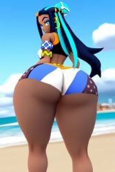 beach big_ass big_butt blue_eyes booty_shorts dark_skin fat_ass goldencum34 looking_back multicolored_hair nessa_(pokemon) pokemon pokemon_ss thick_ass thick_thighs wide_hips