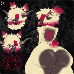 accessory anthro anus areola arm_tuft artist_name ass back_markings back_tattoo big_butt big_eyes big_hair blush bodily_fluids bovid breasts caprine caprine_demon choker collar colored dark_body dark_skin demon digital_drawing_(artwork) digital_media_(artwork) dripping ear_piercing ear_ring eyelashes facial_markings female fluffy fluffy_hair fluffy_shoulders fur genital_fluids genitals glistening glistening_genitalia glistening_pussy hair hair_accessory hair_dye hair_over_eyes hair_tie head_markings hi_res horn huge_butt jewelry light lighting looking_at_viewer mammal markings medium_breasts necklace nipple_piercing nipples nude open_mouth piercing presenting pussy pussy_juice_drip red_hair ring_piercing sheep sheep_demon shoulder_tuft simple_background small_tail smile smiling_at_viewer solo spiked_collar spikes tail tattoo thick_thighs tuft vaginal_fluids vitiligo xikitsune