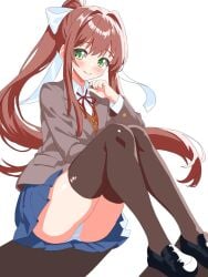 1female 1girls akns_yokoshima blue_skirt blush clothed clothes clothing doki_doki_literature_club female green_eyes long_hair monika_(doki_doki_literature_club) panties pantyshot shoes skirt upskirt