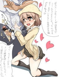 1boy belt black_legwear brown_eyes brown_hair dress female handjob hat heart heart-shaped_pupils highres idolmaster idolmaster_cinderella_girls kita_hinako kneehighs kneeling momio penis producer_(idolmaster) short_hair symbol-shaped_pupils translation_request yellow_hat