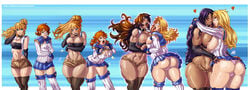 2girls abs ass blonde_hair blue_eyes blue_hair blush breast_expansion breasts bubble_ass closed_eyes dark_skin darkereve elbow_gloves female fingerless_gloves glasses gloria gloves heart highres large_ass large_breasts long_hair medium_breasts multiple_girls navel nipples open_mouth orange_eyes orange_hair panties ponytail short_hair shorts skirt small_breasts standing sweat thighhighs tied_hair tight_clothes tongue tongue_out transformation tubetop wide_hips xdtopsu01 yuri