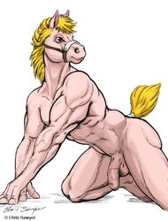 abs ass balls biceps big_penis blonde_hair chris_sawyer colored erection flexing front_view hair half-erect humanoid_penis male male_only mammal muscles nude pecs penis plain_background pose red_eyes traditional_media_(artwork) vein veiny_penis