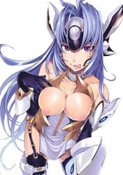 armor artist_request blue_hair breasts erect_nipples female kos-mos long_hair nipples purple_eyes smile tongue xenosaga