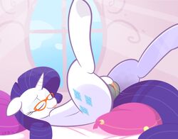 2015 braddo clitoris closed_eyes cushion cutie_mark equine eyewear female feral friendship_is_magic fur glasses hair hi_res hooves horn inside legs_up lying mammal masturbation my_little_pony on_back purple_hair pussy pussy_juice rarity_(mlp) solo spread_legs spreading tongue unicorn white_fur