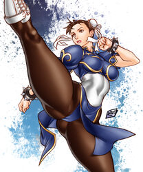 bracelet brown_eyes brown_hair bun_cover cameltoe capcom chinese_dress chun-li dress female female_only hair_bun human kick kicking loubotix panties pantyhose solo spiked_bracelet street_fighter