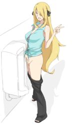 1girls alternate_eye_color ass bare_shoulders blonde_hair bottomless breasts brown_eyes cleavage cynthia_(pokemon) feet female female_only full_body hair_over_one_eye hair_ribbon human human_only long_hair looking_at_viewer nintendo no_panties open_mouth pants pants_down partially_colored pokemon pokemon_dppt sandals shadow shirt smile solo standing toes tongue urinal v wigglytuff_(pokeacc)