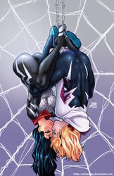 2015 2girls ass big_ass big_butt black_hair blonde_hair blue_eyes blush bodysuit brown_eyes cindy_moon darkereve edge_of_spider-verse female female_only gwen_stacy hairband hood human human_only light-skinned_female light_skin long_hair marvel marvel_comics medium_breasts short_hair silk silk_(marvel) spandex spider-gwen spider-man_(series) suspension tight_clothes tight_clothing upside-down yuri