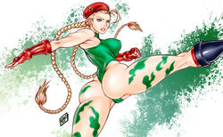 2015 anus ass beret blonde_hair blue_eyes braids cameltoe cammy_white camouflage capcom dat_ass female female_only fingerless_gloves gloves human kick kicking leotard loubotix scar solo street_fighter twin_braids