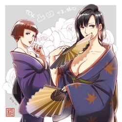 2girls azumi_(gintama) big_breasts black_hair bob_cut cleavage eyeshadow fan female female_only first_porn_of_character folding_fan fully_clothed genderswap_(mtf) gintama hand_fan ing_sr katsura_kotarou kimono lipstick long_fingernails long_hair looking_at_viewer makeup nail_polish no_bra obi off_shoulder official_alternate_costume rule_63 short_hair undercut zurako