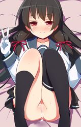 1girls 9law after_sex ass black_hair black_legwear black_skirt black_thighhighs blush clothing cum cum_in_pussy cum_inside cumdrip female gloves hair_ribbon happy_sex isokaze_(kantai_collection) kantai_collection legs_together long_hair looking_at_viewer lying mismatched_legwear no_panties on_back petite pussy red_eyes ribbon school_uniform serafuku single_thighhigh skirt skirt_lift smile solo thighhighs tress_ribbon v white_gloves