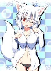 ;d animal_ears blush breasts cleavage collarbone female highres long_hair lowleg lowleg_panties mizuki_(kogetsu-tei) momiji_inubashiri one_eye_closed open_mouth panties paw_pose red_eyes short_hair silver_hair smile solo tail team_shanghai_alice touhou underwear white_hair wolf_ears wolf_tail