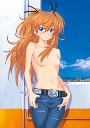 belt blue_eyes breasts clothing female hands_in_pockets houjou_hibiki human jeans kazuma_muramasa nipples orange_hair pants precure pretty_cure small_breasts solo suite_precure tied_hair topless twintails uma window