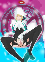 bangs blue_eyes bodysuit breasts female ghost-spider gwen_stacy highres hood jarvis_(artist) light_smile looking_at_viewer makeup marvel pussy short_hair smile solo spider-gwen spider-man_(series) spider_web_print torn_bodysuit torn_clothes uncensored