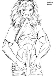 abs biceps big_penis bulge chris_sawyer clothed clothing erection exhibitionism feline flexing fur hair humanoid_penis lion long_hair male male_only mammal monochrome muscles pecs penis pose shirt shorts traditional_media_(artwork)