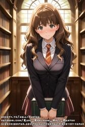 ai_generated brown_eyes brown_hair hermione_granger jacket medium_breasts shy skirt tie uniform wavy_hair