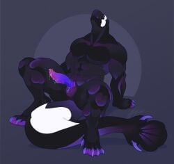 2022 big_tail black_body bodily_fluids claws demon feet genital_fluids genitals grey_background hi_res kira_adelay male multicolored_penis muscular muscular_male penis precum purple_sclera simple_background solo tail