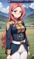 1girls ai_generated anime anime_style arms_at_sides belt blue_eyes blue_jacket blue_sky blush breasts bust busty clenched_hands closed_mouth clothing cloud cowboy_shot day eclair_saetto female_focus female_only field flower grass hentai jacket long_hair long_sleeves looking_at_viewer medium_breasts military military_uniform mountain mountainous_horizon natsuyoru non-asian outdoors pants pink_hair red_hair shirt sky smile solo solo_female standing tate_no_yuusha_no_nariagari the_rising_of_the_shield_hero uniform very_long_hair voluptuous voluptuous_female white_belt white_pants