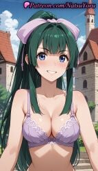 1girls ai_generated anime anime_style bangs bare_shoulders blue_eyes blue_sky blunt_bangs blush bow bow_bra bra breasts building bust busty castle cleavage cloud collarbone day female female_focus female_only green_hair grin hair_intakes hairbow hentai high_ponytail lace-trimmed_bra lace_trim large_breasts long_hair looking_at_viewer medium_breasts natsuyoru navel outdoors ponytail purple_bow purple_bra ribbon sidelocks sky smile solo solo_female tate_no_yuusha_no_nariagari the_rising_of_the_shield_hero town underwear underwear_only upper_body voluptuous voluptuous_female yomogi_emarl