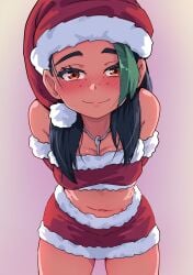 bent_forward blushing christmas christmas_bra christmas_hat christmas_skirt christmas_topwear jack_rockhardt key key_necklace leaning_forward necklace nemona_(pokemon) pokemon skirt