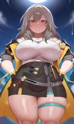 ai_generated bare_thighs big_breasts chubby chubby_female female forastero_(style) grey_hair half-closed_eyes honkai:_star_rail honkai_(series) looking_at_viewer seductive_smile solo stelle_(honkai:_star_rail) thick thick_thighs yellow_eyes