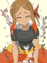 1boy black_shirt breasts brown_hair cowgirl_position dark-skinned_female dark_skin female gradient_hair highres multicolored_hair orange_hair orla_(pokemon) pokemon pokemon_(anime) pokemon_horizons sex shirt simesaba_(xwdt4337) smile straddling sweat