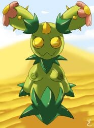 2015 breasts cactus desert elemental_creature female flora_fauna flower generation_5_pokemon humanoid looking_at_viewer maractus nintendo nipples non-mammal_breasts non-mammal_nipples plant pokemon pokemon_(species) pokemorph smile solo spikes virate-chip yellow_eyes