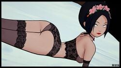 avatar_the_last_airbender black_hair breakwater_ridge female green_eyes lingerie lipstick petite shortstack stockings toph_bei_fong