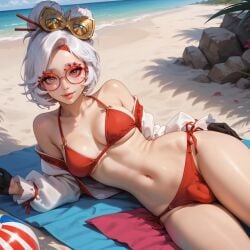 ai_generated beach beach_background beach_towel blindparty civitai futanari glasses purah red_eyes tagme white_hair