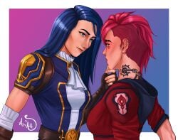 2girls arcane arcane_caitlyn arcane_vi artist_signature artkitt-creations blue_hair caitlyn_kiramman female female_only league_of_legends no_sex no_visible_genitalia piercing red_hair tagme tattoo vi yuri