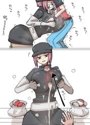 1boy 1girls after_paizuri alternate_breast_size big_breasts black_hair breasts color cum cum_between_breasts cum_drip ejaculation_between_breasts female female_team_rocket_grunt female_team_rocket_grunt_(pokemon_hgss) hat heart huge_breasts japanese_text kazushige large_breasts larger_female male nintendo open_mouth open_smile paizuri paizuri_lead_by_female paizuri_under_clothes pokemon pokemon_hgss pokemon_rgby red_(pokemon) size_difference smaller_male smile straight team_rocket_grunt team_rocket_grunt_(female) team_rocket_uniform text