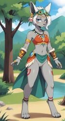 1girls 2024 ai_generated anthro blue_eyes bracelet curvy_figure digitigrade female female_only grey_body hi_res innie_pussy looking_at_viewer markings mineru necklace nintendo outdoors pussy short_hair the_legend_of_zelda the_legend_of_zelda:_tears_of_the_kingdom tribal white_hair zonai