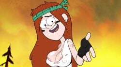 1girls ai_generated areola areola_slip areolae black_eyes breasts brown_hair covered_nipples edit face_paint goonedoutp3rv gravity_falls headband huge_breasts long_hair screencap screenshot screenshot_edit smile solo torn_clothes torn_shirt wendy_corduroy