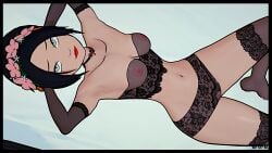 avatar_the_last_airbender black_hair breakwater_ridge female green_eyes lingerie lipstick petite shortstack stockings toph_bei_fong