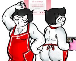 1boy apron apron_only aradidnt arm_hair armpit_hair armpits ass ass_focus back_view baking black_hair body_hair breasts color colored cuckkat front_view genderswap genderswap_(ftm) glasses hair headgear headwear homestuck jane_crocker male male_focus male_only male_with_breasts pale-skinned_male pale_skin request rule_63 solo solo_male white_skin