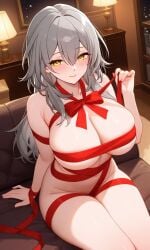 ai_generated bare_thighs big_breast female grey_hair hair_between_eyes honkai:_star_rail honkai_(series) long_hair looking_at_viewer mature_female naked naked_ribbo red_ribbon seductive_smile solo stelle_(honkai:_star_rail) yellow_eyes