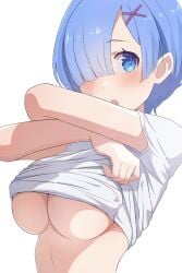 big_breasts blue_eyes blue_hair blush breasts camui1104 hair_ornament hair_over_one_eye no_bra open_mouth re:zero_kara_hajimeru_isekai_seikatsu rem_(re:zero) removing_shirt shirt short_hair underboob undressing upper_body white_shirt